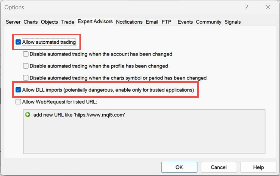 MetaTrader, Enabling of automated trading and DLL imports.png