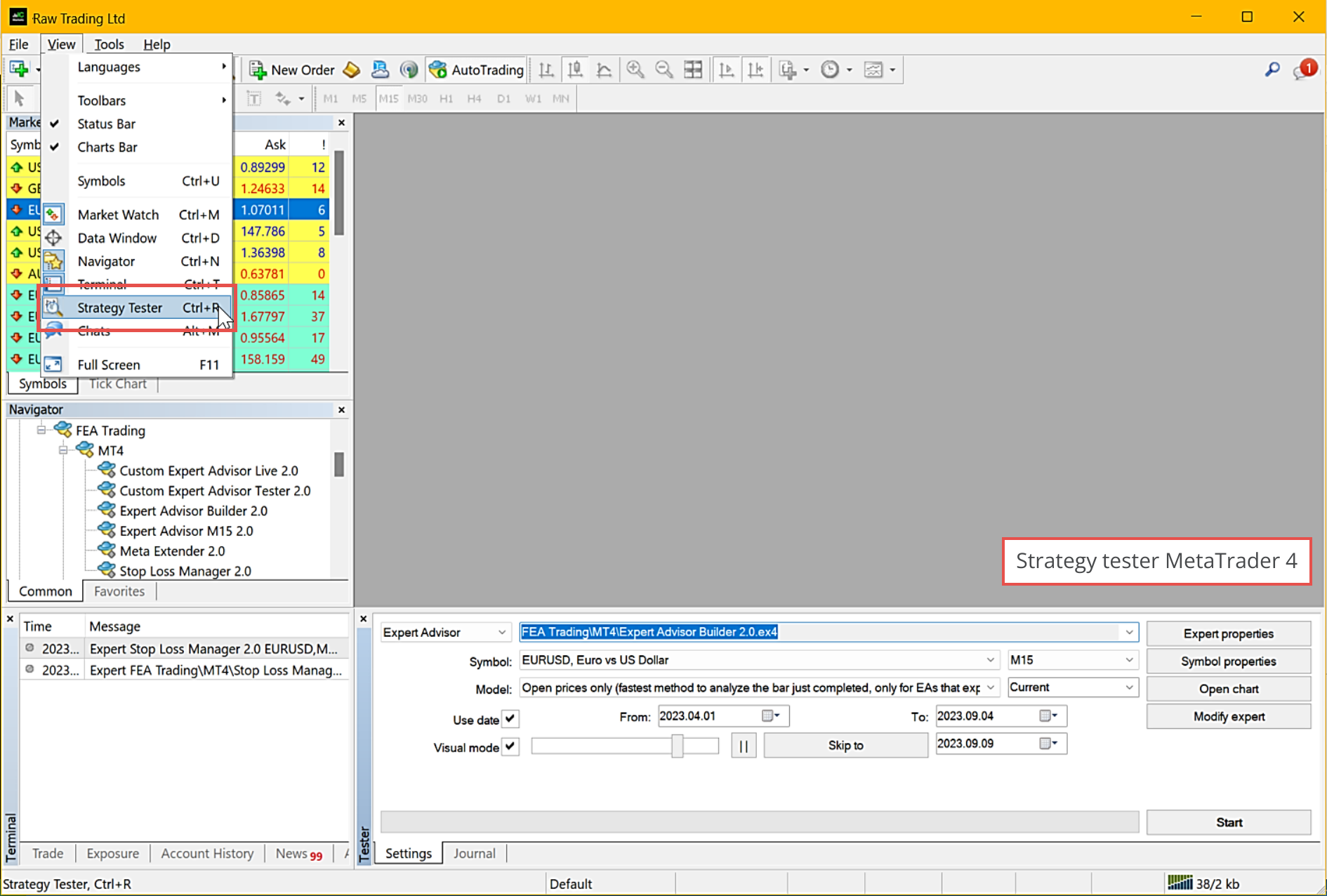 MetaTrader 4, Opening of strategy tester.png