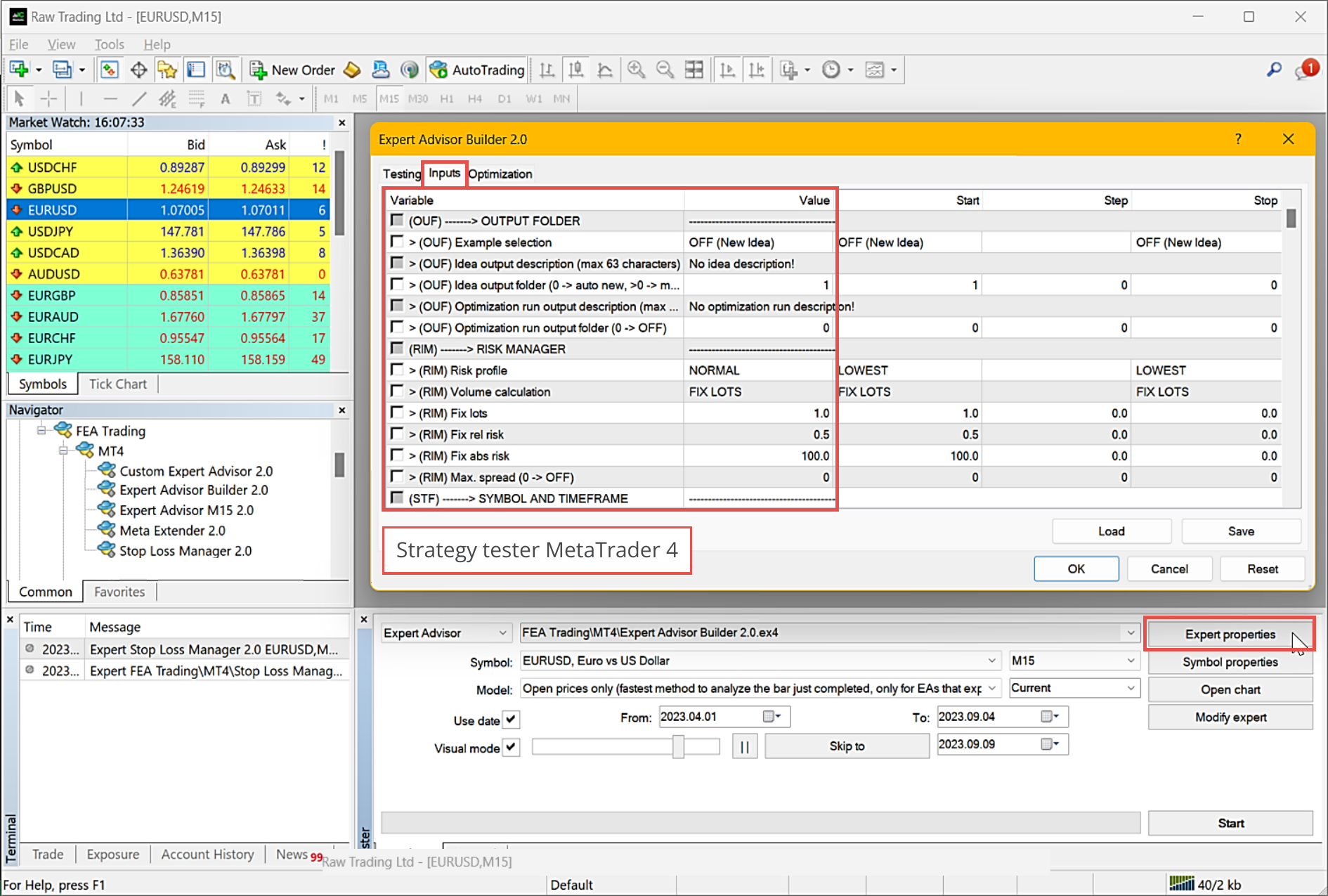 MetaTrader 4, Configuration of tester inputs.png