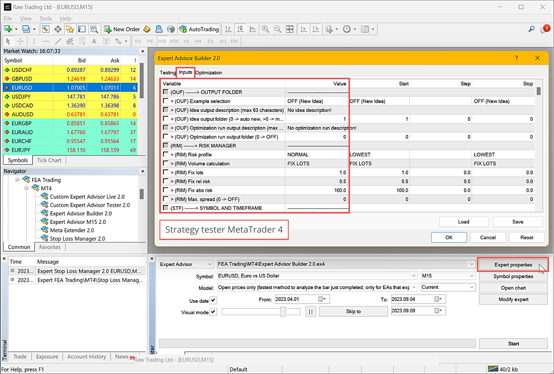 MetaTrader 4, Configuration of tester inputs.png