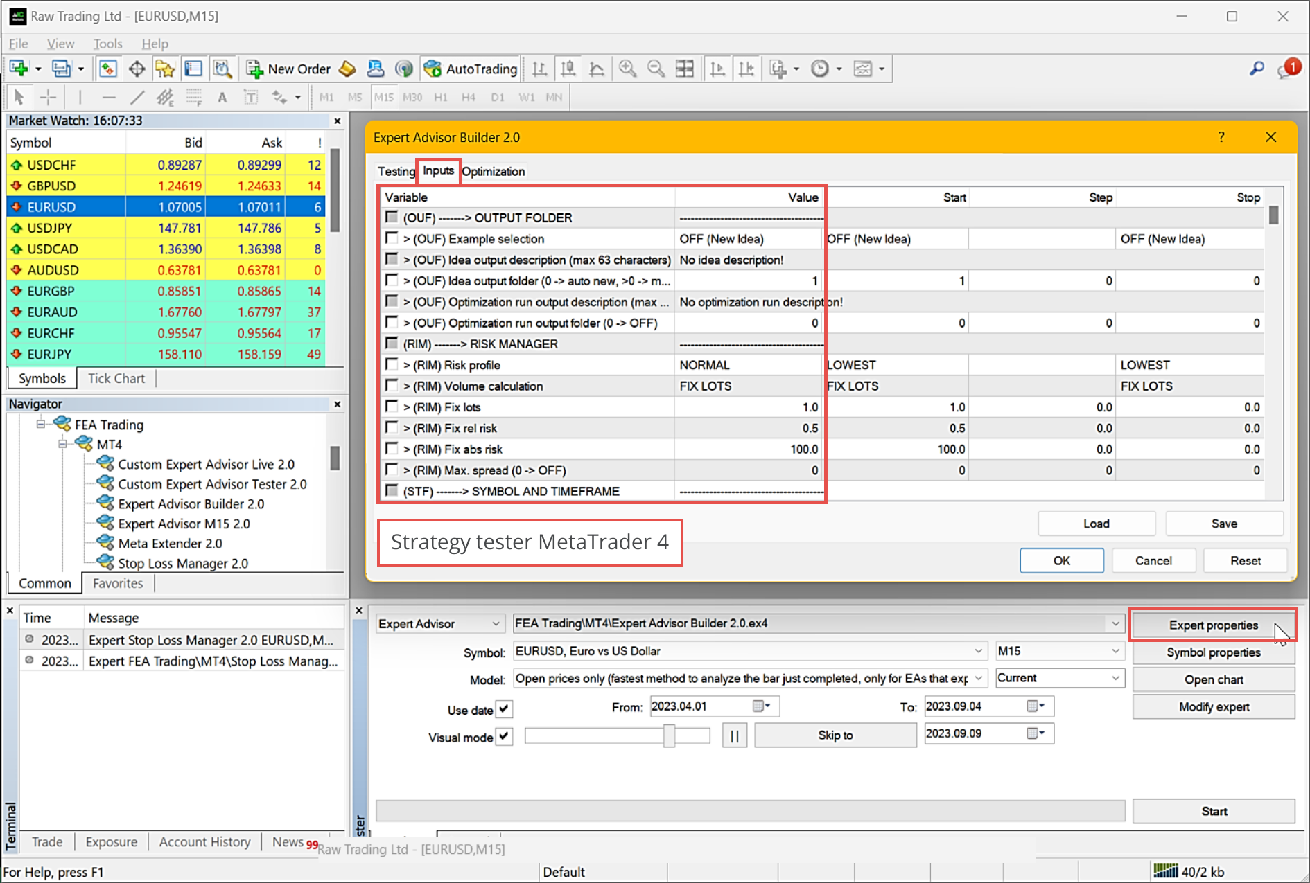 MetaTrader 4, Configuration of tester inputs.png