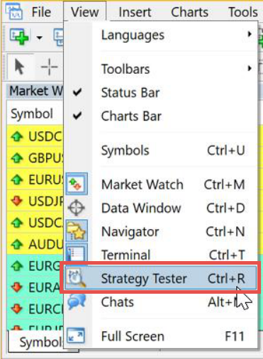 MetaTrader, Opening of strategy tester.png