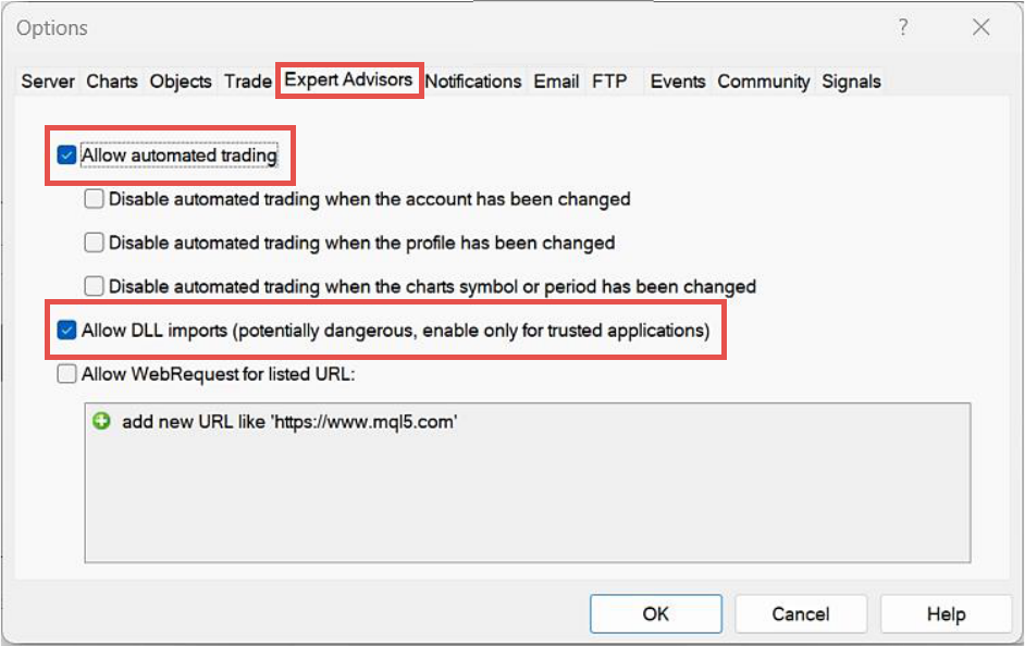 MetaTrader, Enabling of automated trading and DLL imports.png