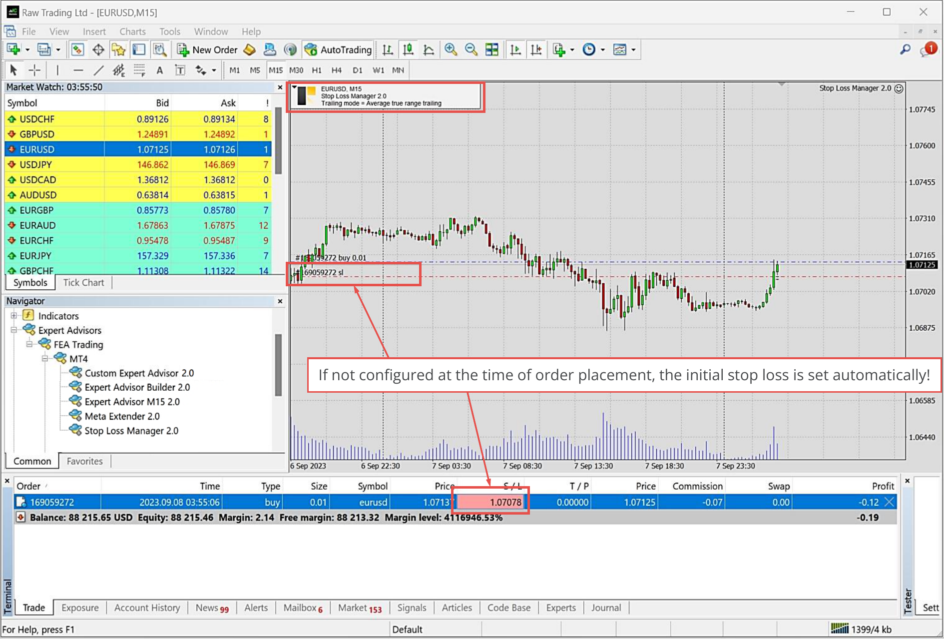 MetaTrader, Initial stop loss set automatically.png