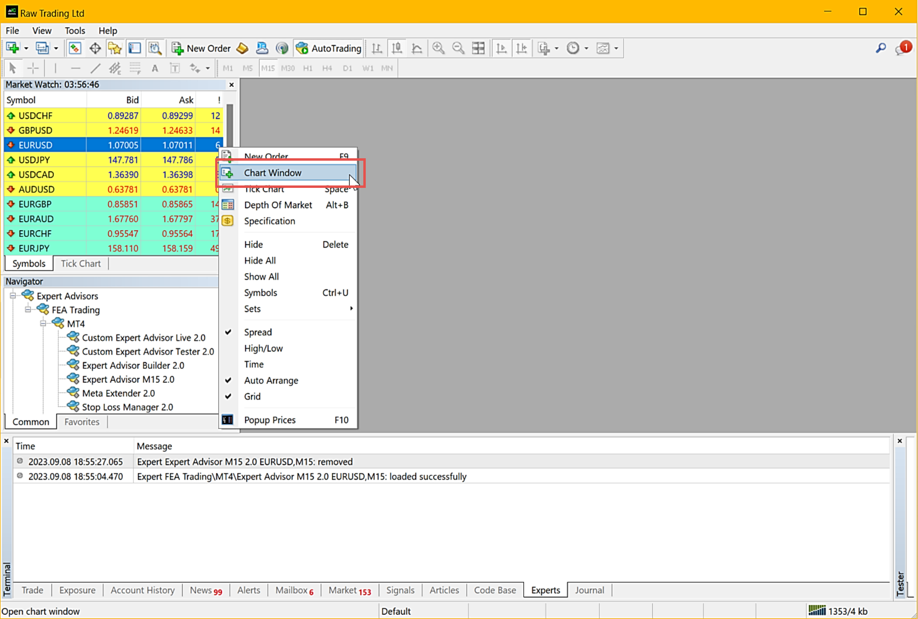 MetaTrader, Opening of a chart view.png