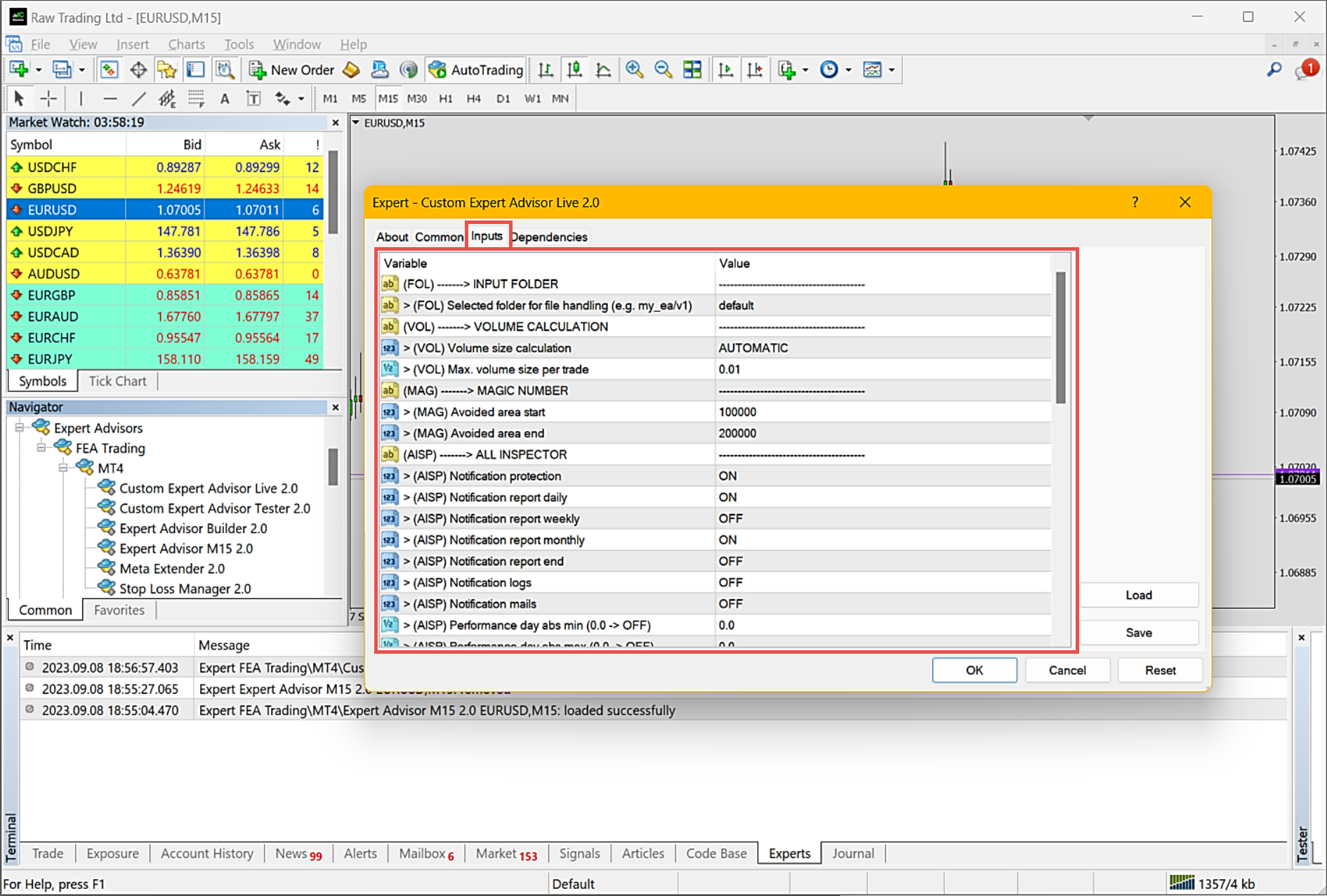 MetaTrader, Configuration of application inputs.png