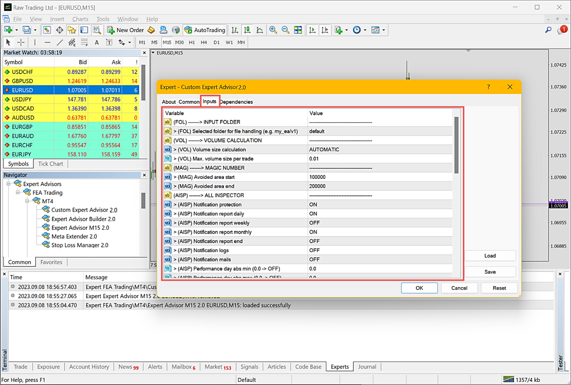 MetaTrader, Configuration of application inputs.png