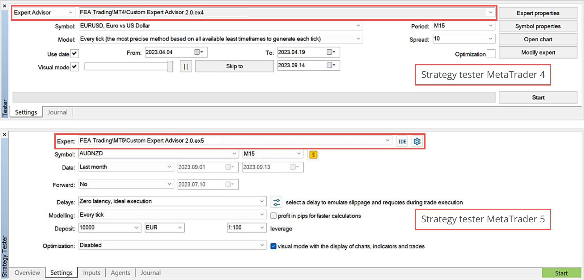 MetaTrader, Selection of application in strategy tester view.png