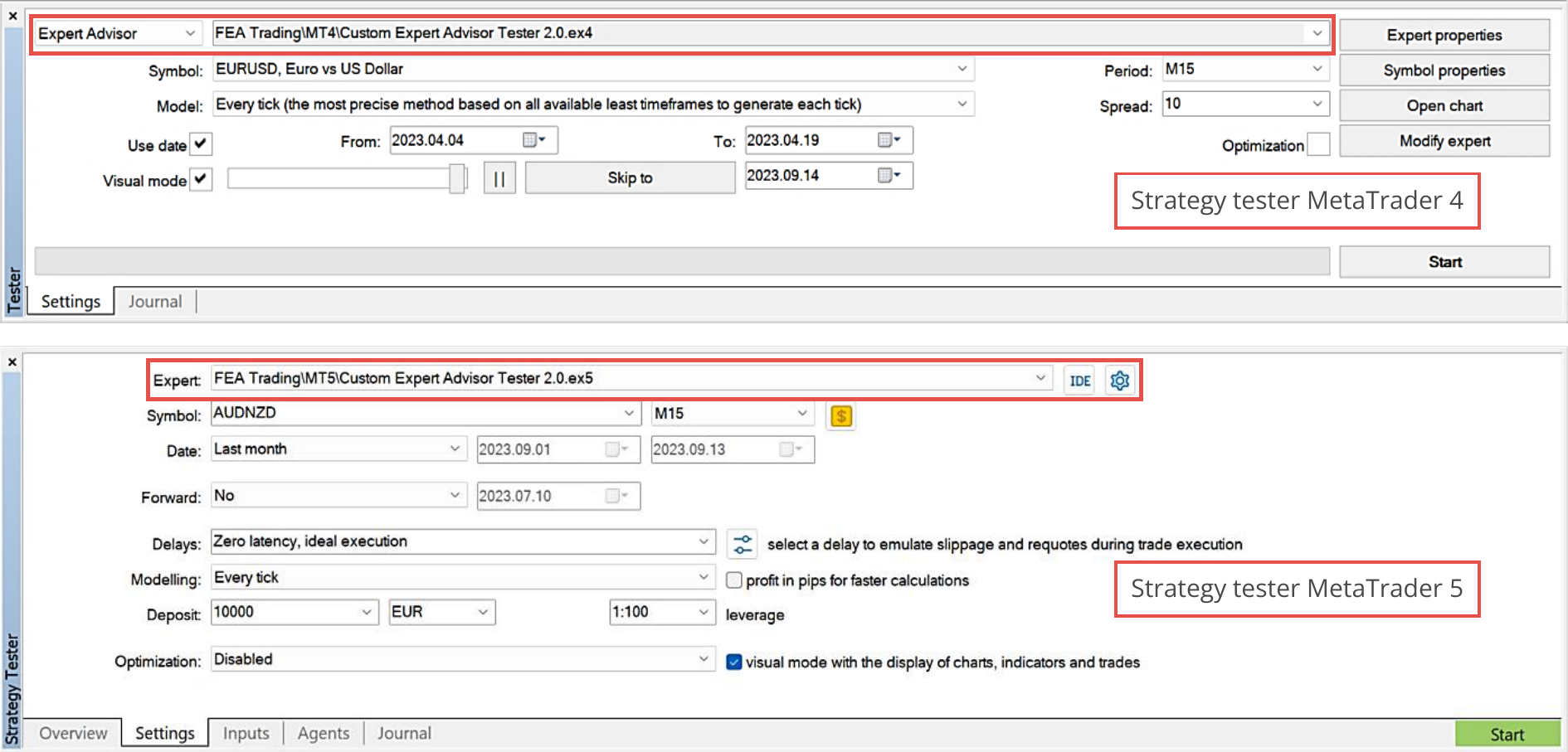 MetaTrader, Selection of application in strategy tester view.png