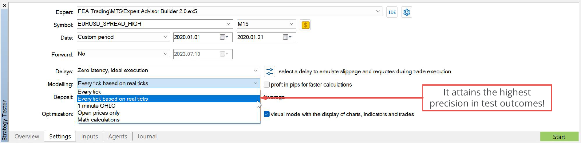 MetaTrader 4, Maximum accuracy of test results.png