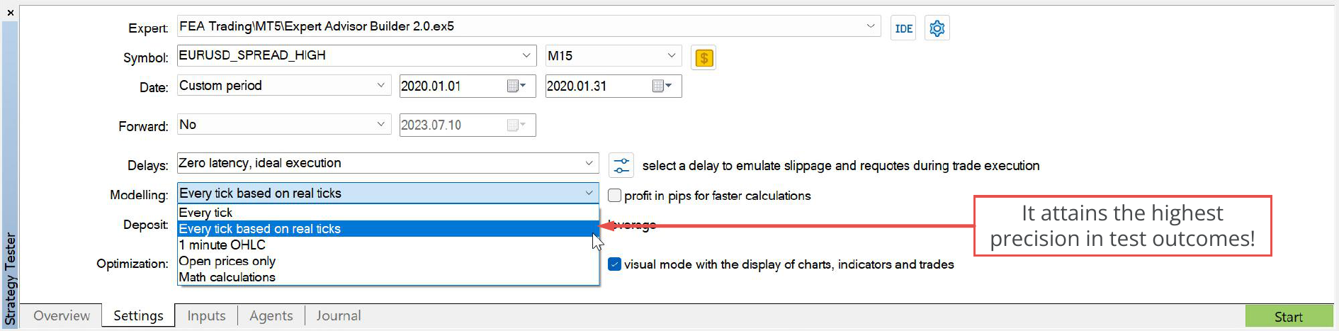 MetaTrader 4, Maximum accuracy of test results.png