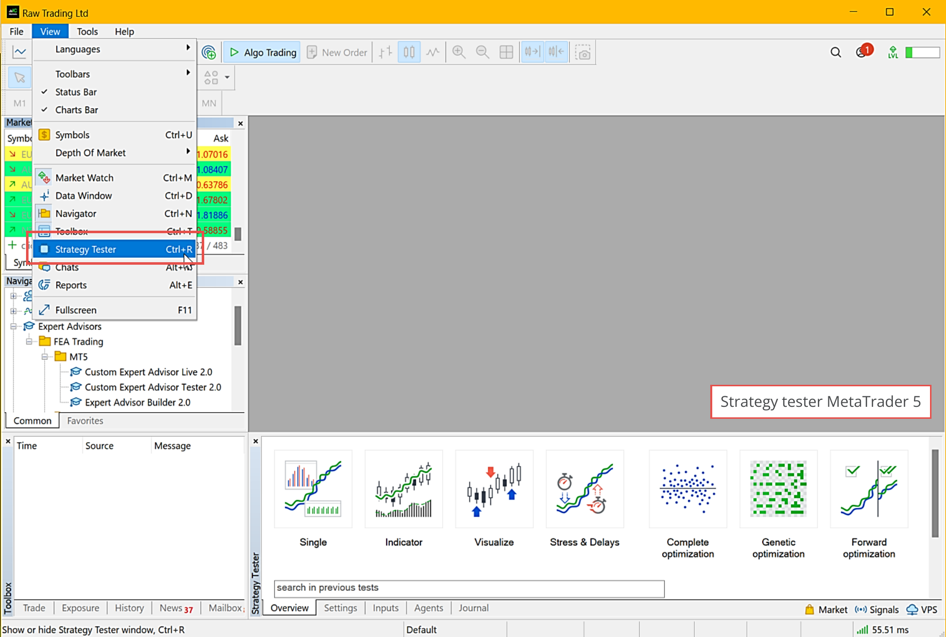 MetaTrader 5, Opening of strategy tester.png