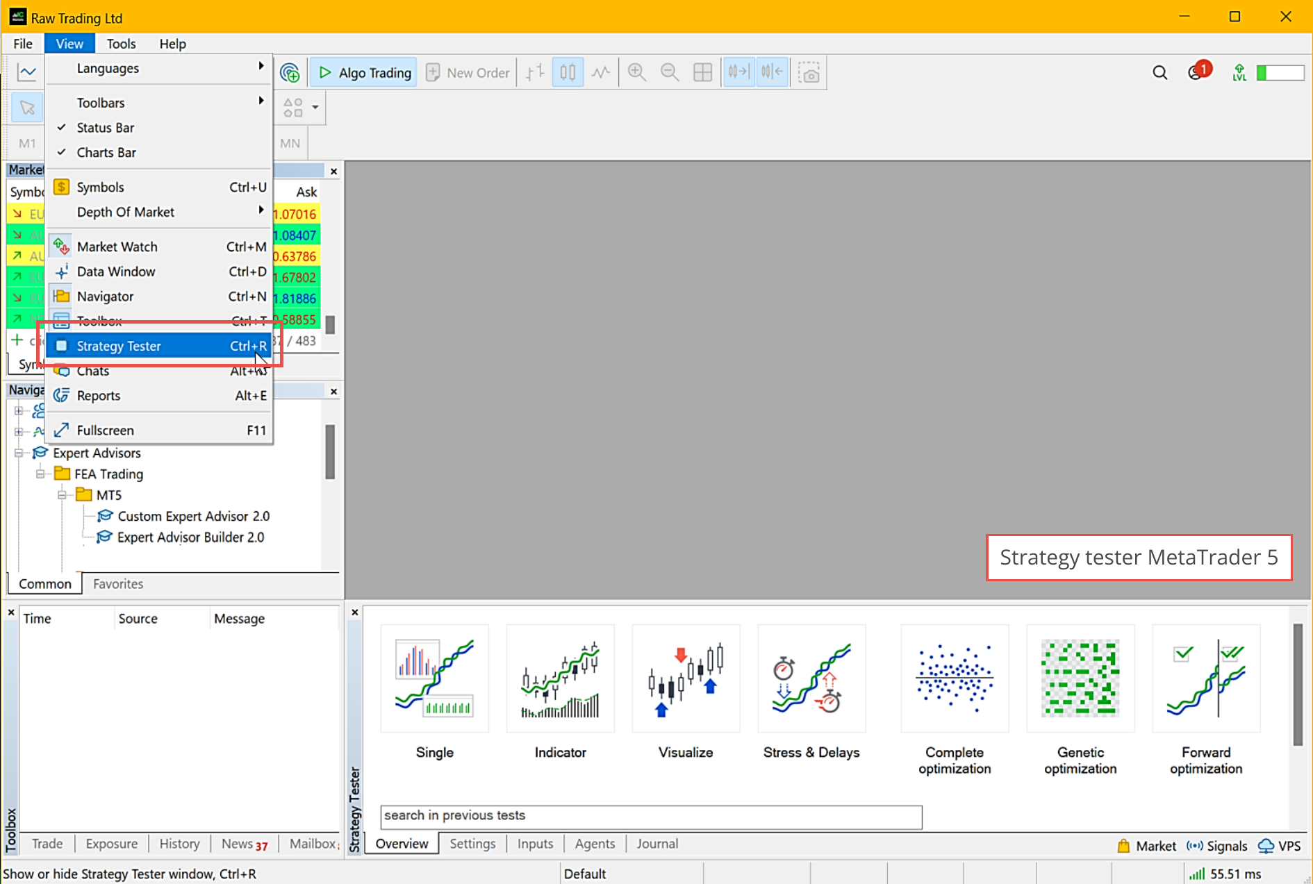 MetaTrader 5, Opening of strategy tester.png