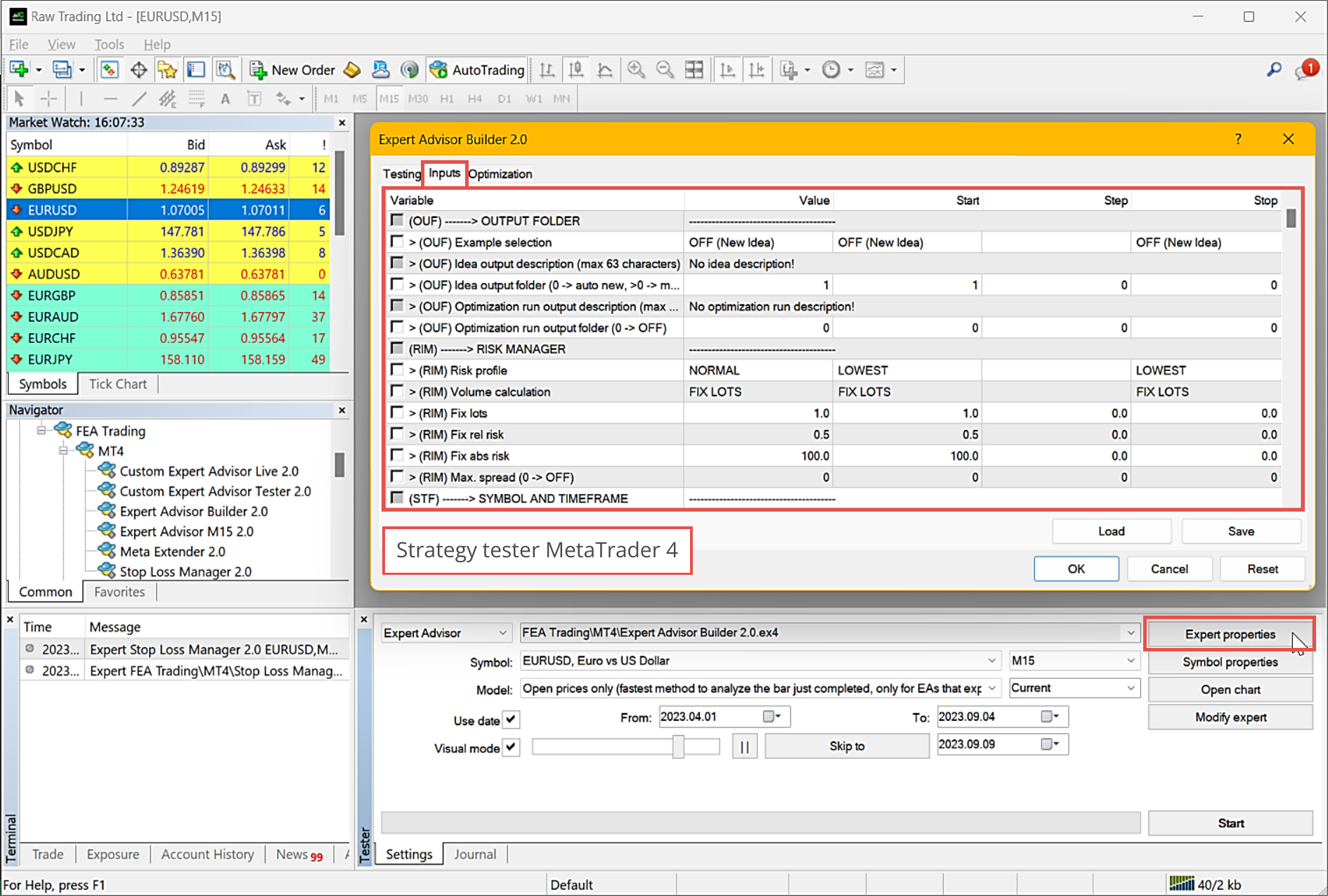 MetaTrader 4, Configuration of tester inputs.png