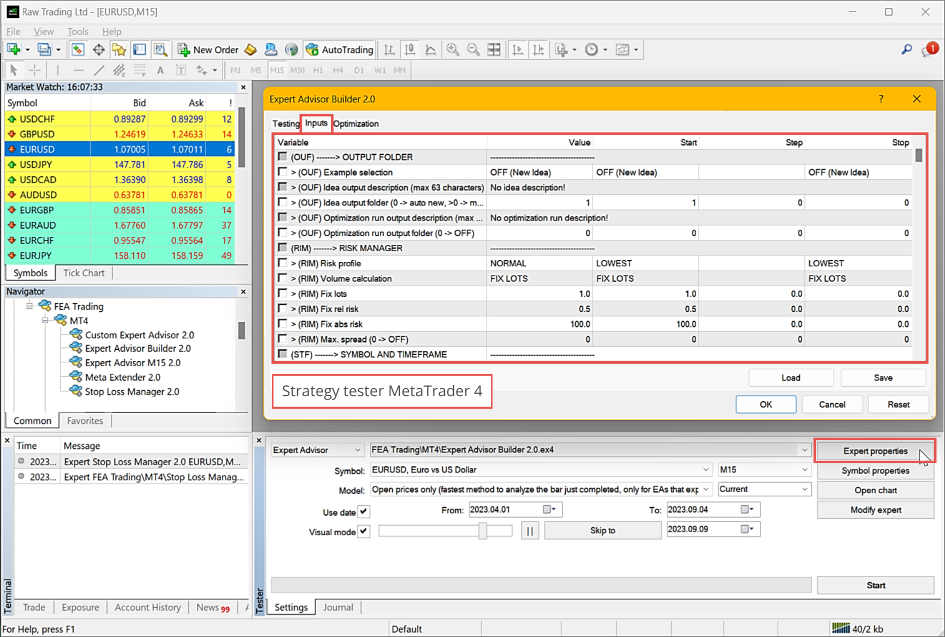 MetaTrader 4, Configuration of tester inputs.png