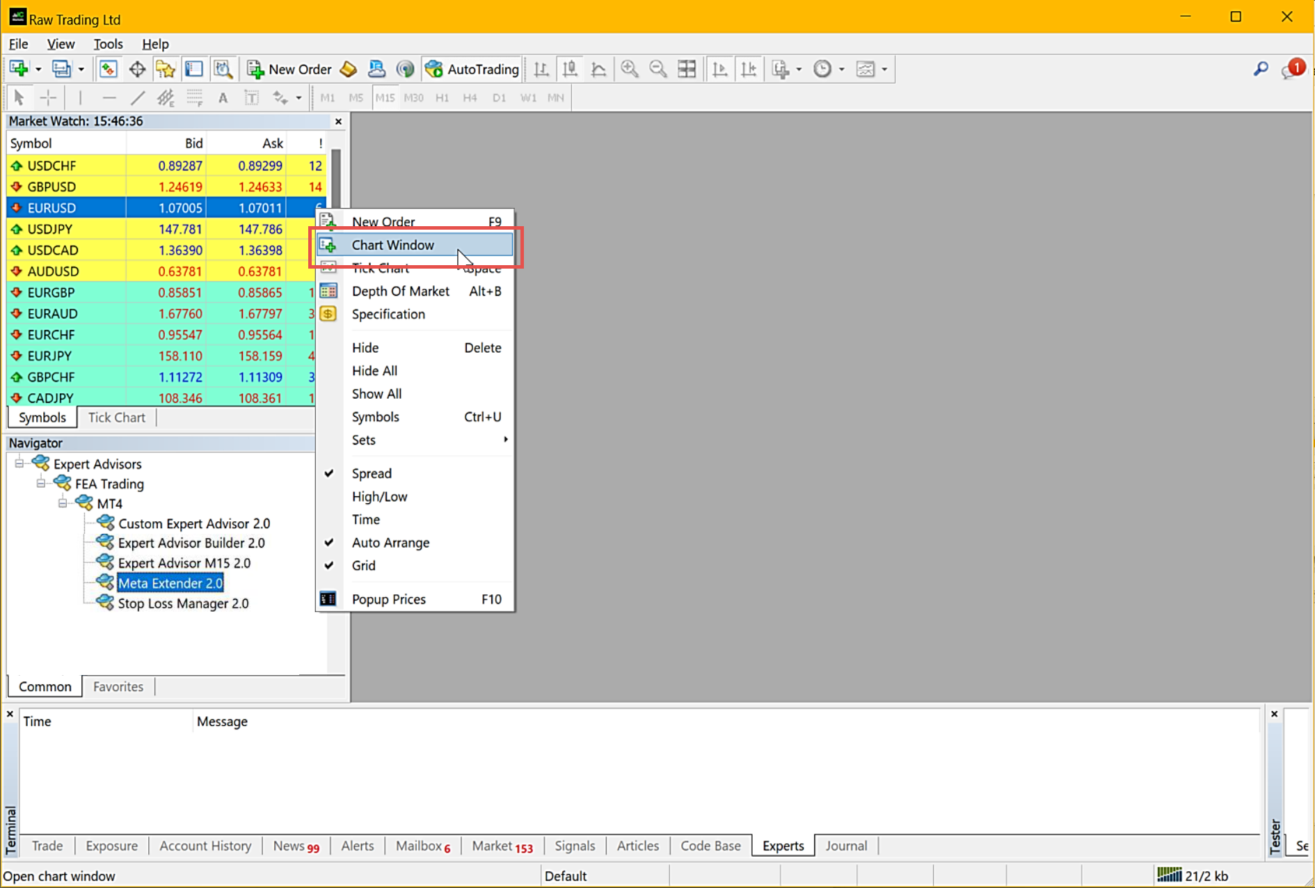 MetaTrader, Opening of a chart view.png