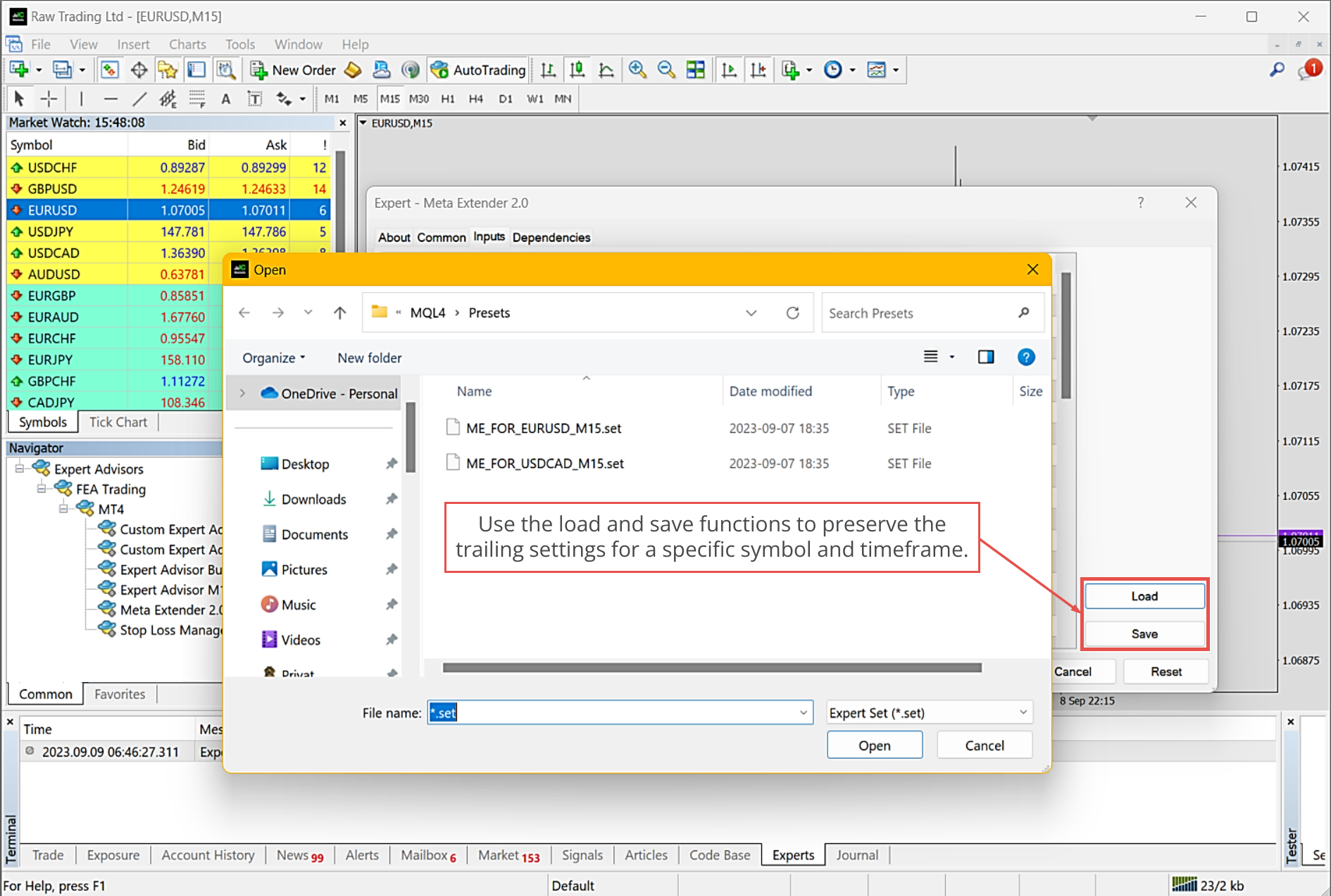 MetaTrader, Using of set files to restore settings.png