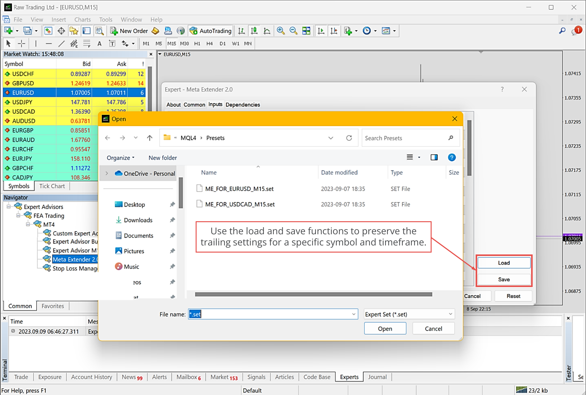 MetaTrader, Using of set files to restore settings.png