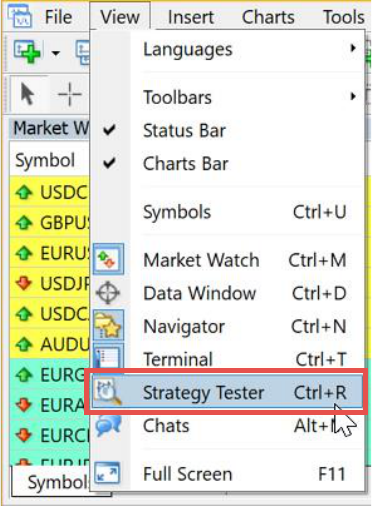 MetaTrader, Opening of strategy tester.png