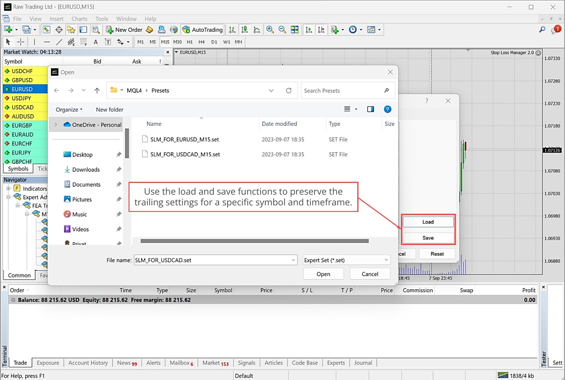 MetaTrader, Using of set files to restore settings.png